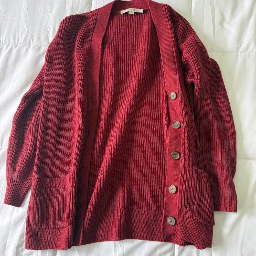 LOFT Deep Red Button-Up Cardigan